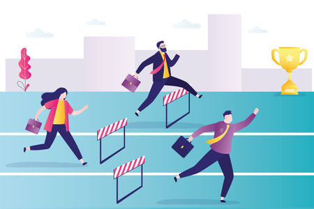 Entrepreneurs participate in business competition. Employees overcome obstacles to achieve goals. Concept of career race and leadership. Colleagues compete for gold cup. Flat vector illustrationのイラスト素材