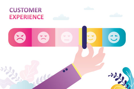 Customer experience. Giant hand moves slider on measurement scale. Positive feedback, online survey. Testimonials, high rank. Good quality product or service. Indicator shows level of satisfaction.のイラスト素材