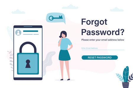 Unhappy woman user forgot her account password. Assistance in recovering profile and account data. Mobile phone with padlock on screen. Internet support, customer service. Flat vector illustrationのイラスト素材