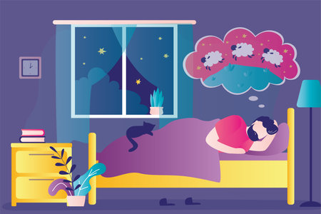 Tired man mentally counts sheep to fall asleep. Male character suffering from insomnia. Sad guy with mental sleep disorder. Bedroom interior design. Sleeplessness concept. Flat vector illustrationのイラスト素材