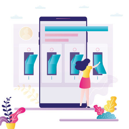 Female character adjusts settings in smartphone. Mobile phone screen with control panel and toggles. Woman user near big gadget. Change settings on cellphone. Applications management. Flat vectorのイラスト素材