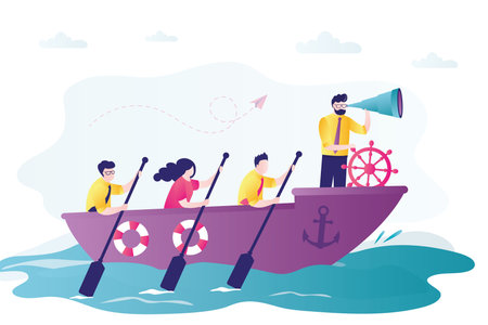 Business team is sailing on boat. Confident leader uses spyglass and searching direction. Male boss steers ship with rudder. Leadership, successful teamwork. Corporate relations. Vector illustrationのイラスト素材