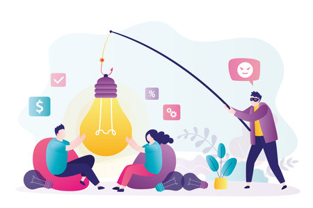 Masked burglar steals new idea. Man with fishing rod pulls out light bulb from hands of entrepreneurs. Business crime concept. Partners try to protect fresh ideas from robber. Flat vector illustrationのイラスト素材