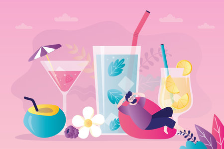 Male character in sun lounger relaxes on beach. Large glass with cocktail and straw. Guy in sunglasses sunbathing on ocean. Handsome man chilling during summer vacation. Flat vector illustrationのイラスト素材