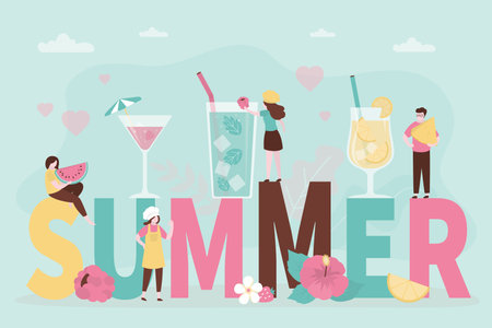 People prepare cooling drinks. Various lemonades stand on colorful lettering "summer". Cold cocktails with pieces of fruit. Characters make refreshing beverages in summer time. Vector illustrationのイラスト素材