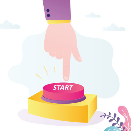 Hand presses button with description start. Thumb points to activation button. Businessman launching new project. Man activates innovative startup. Successful business inclusion. Vector illustrationのイラスト素材