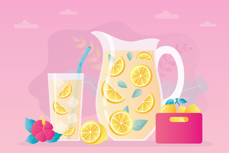 Box of lemons for homemade lemonade. Jug full of refreshing drink with pieces of lemon and ice. Glass of summer citrus cocktail with straw. Fresh tropical juice. Summertime. Flat vector illustrationのイラスト素材