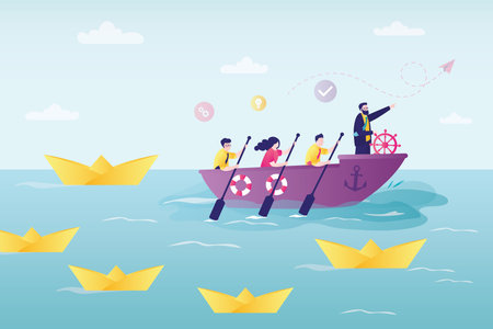 Workers rowing boat to business goal. Leader with team looking for new ideas for development of company. Boss indicates direction for ships paper. Concept of teamwork, leadership. Vector illustrationのイラスト素材