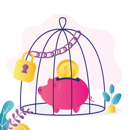 Piggy bank with gold coin locked in cage with chain. Moneybox in birdcage. Bank blocked savings of customers due to financial sanctions. Investment prohibition. Economic crisis. Vector illustrationのイラスト素材