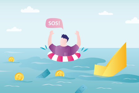 Drowning businessman calling for help. Entrepreneur sinking in lot of financial debts. Man in lifebuoy yelling sos. Economic crisis and increases tax. Employee with money problems. Vector illustrationのイラスト素材