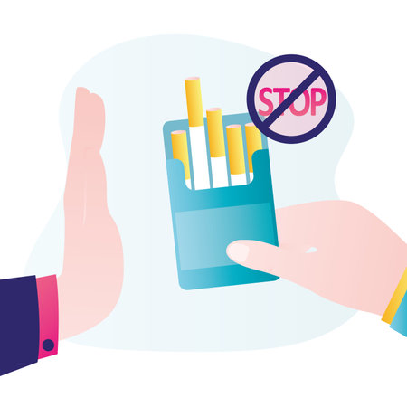 Hand in stop gesture, giving up smoking addiction. Big pack of cigarettes. Stop smoking. Prohibition of tobacco products. Healthy lifestyle. To give up smoking. Social issues. flat vector illustrationのイラスト素材