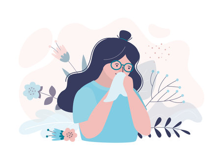 Female character suffering from pollen allergy during flowering. Girl experiencing allergic reaction to plants in spring season. Woman with runny nose blows nose into handkerchief. Vector illustrationのイラスト素材