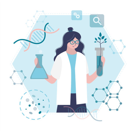 Woman biotechnologist creates new drugs. Girl studies structures of various plants. Scientist uses genetic engineering to create new plant species. Biotechnology, concept banner. Vector illustrationのイラスト素材