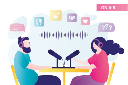 Two bloggers speaks into microphones. Stream, live on radio, workplace. Speakers closeup. Online communication, podcast concept. Interview, online talking. Audio recording, live broadcast, vectorのイラスト素材