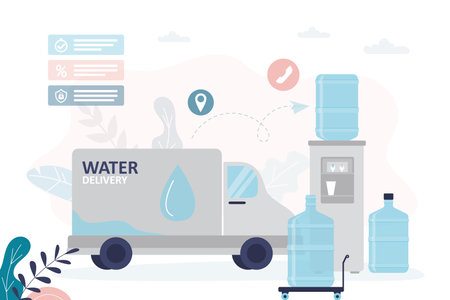 Company delivers gallons of water for coolers. Truck full of plastic water bottles for customers. Fast delivery of fresh mineral aqua. Transporting large volume of liquid. Flat vector illustrationのイラスト素材