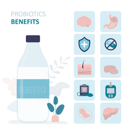 Plastic bottle with inscription probiotics. Live microorganisms that help normalize the functioning of intestines and liver. Probiotics have positive effect on the immune system. Flat vector illustrationのイラスト素材