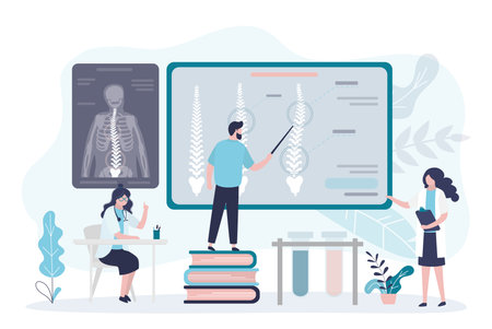 Orthopedists examining x-rays of spine. Doctors looking for effective treatment for different degrees of scoliosis. Specialists investigate causes of spinal problems. Orthopedics. Vector illustrationのイラスト素材