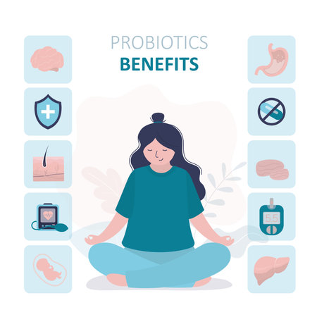 Girl takes probiotics to improve health. Infographic on benefits of probiotics. Microorganisms help normalize blood pressure, bowel function. Living bacteria in body fight harmful. Vector illustrationのイラスト素材