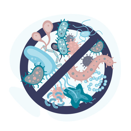 Various bacteria and microorganisms in a warning circle. Stop the spread of disease-causing bacteria and pathogens. Vaccination, viral protection. Medicine and healthcare. Flat vector illustrationのイラスト素材