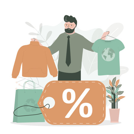 Handsome man bought things at discount. Saving money. Search sales, store discounts. Happy man holds fashion clothes. Big discount label and shopping bag. Second hand, concept. vector illustrationのイラスト素材