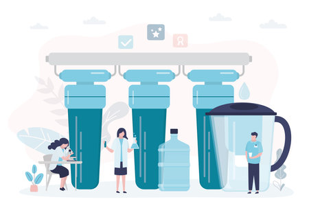 Scientists improve water purification systems. Specialists conduct experiments with filters in lab. People explore water after filtration. Jug for cleaning liquid for drinking. Vector illustrationのイラスト素材