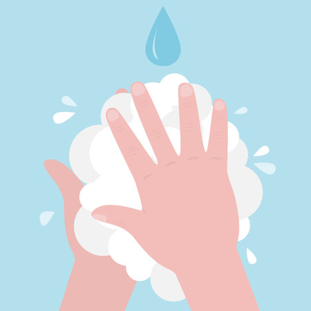 Person washing hands with soap under running water. Closeup view. Hands in foam and soap, skin care and health protection. Hygiene concept. Medicine and healthcare. Flat vector illustrationのイラスト素材