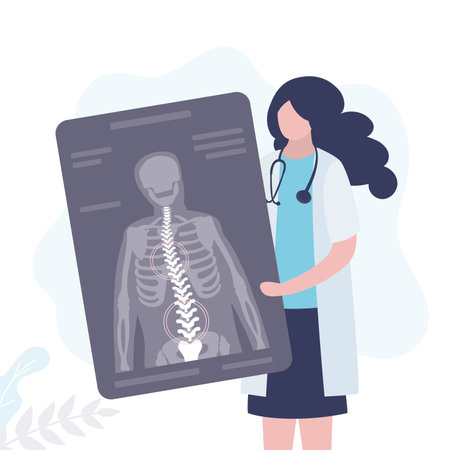 Orthopedicist holding x-ray with curved back. Doctor noted in picture places of spinal deformity. Specialist diagnoses patient with scoliosis. Concept of orthopedics and radiography. Vector illustrationのイラスト素材