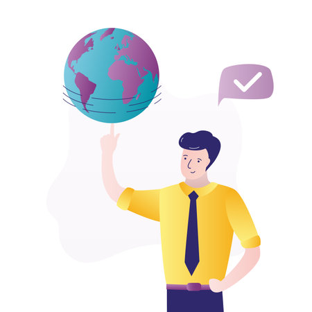 World spinning on index fingertip. Global business, network, world communication. Businessman or politician spinning planet earth on finger. Leadership, control of business processes. Closeup view.のイラスト素材