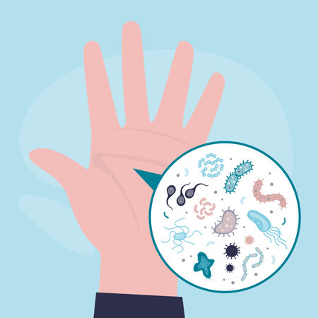 Dirty human hand, various microorganisms and bacterias on the palm. Unsanitary conditions, various pathogens and parasites on an unwashed hand. Health care, microbiology. Flat vector illustrationのイラスト素材
