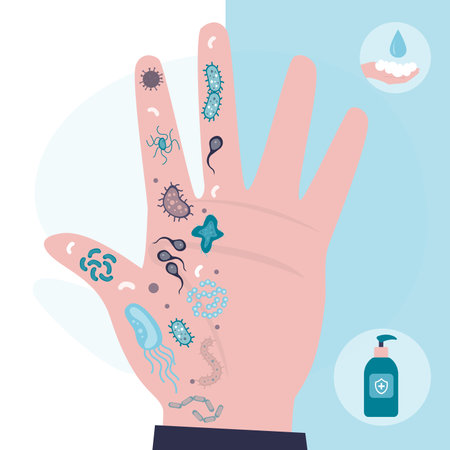 Infographic, benefits of hand washing and use of antiseptic. Big hand, one side clean, other with bacterias and harmful microorganisms. Health care, microbiology. Prevention of spread of viruses.のイラスト素材