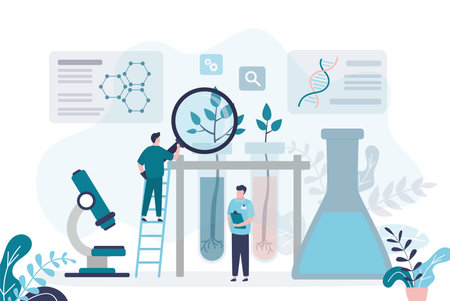 Scientist with magnifying glass studying molecular composition of new plant. Botanists analyze DNA and create new species. Biotechnologists doing experiments in laboratory. Flat vector illustrationのイラスト素材