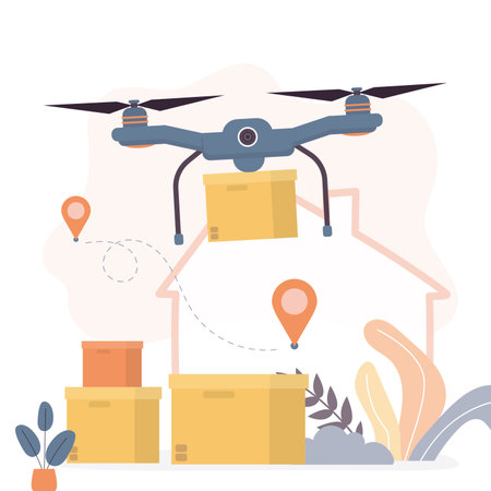 Drone delivers boxes of goods. New modern fast delivery technology. E-commerce, contactless transfer of purchases. Delivery service, shipment, cargo. Helicopter fly with parcel. vector illustrationのイラスト素材
