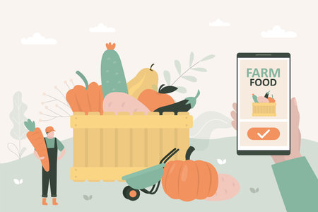 Farmer selling fresh harvest, wooden box full of different fruits and vegetables. Technology online ordering fresh ecological products. Agricultural, eco food. Mobile app for buying farm food. vectorのイラスト素材