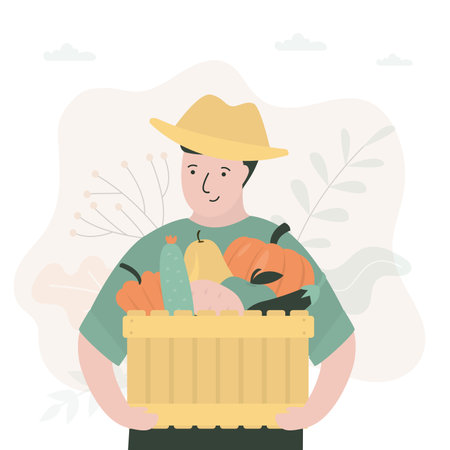 Happy farmer is holding wooden box full of different fruits and vegetables. Fresh ecological products. New good harvest, eco food. Portrait of worker, rural profession. Agricultural, farm food. vectorのイラスト素材