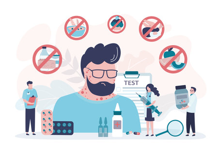 Doctors try to help girl ease allergic reaction. Young adult suffering from food allergy. Prohibition on eating many types of food. Allergists prescribing medication to relieve allergies. Flat vectorのイラスト素材