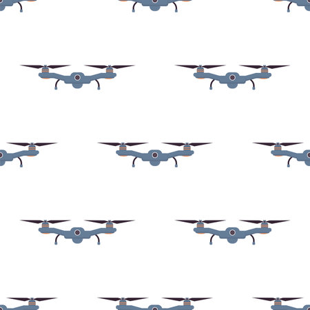 Seamless pattern with drone. Modern wireless technology. Texture with flying copter. Trendy style background, decoration. Flat vector illustrationのイラスト素材