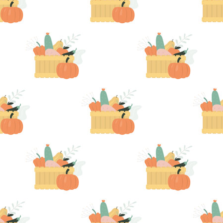 Seamless pattern with organic food in basket. Healthy lifestyles and proper nutrition. Farm food in wooden box. Texture background with various vegetables, fruits. Eco products. vector illustrationのイラスト素材