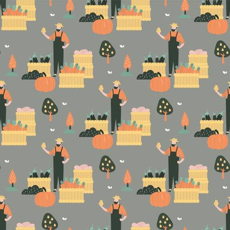 Seamless pattern with happy farmer and good harvest. Wooden boxes full of different fruits and vegetables. Fresh ecological products. Eco food. Agricultural texture background, farm food. Flat vectorのイラスト素材
