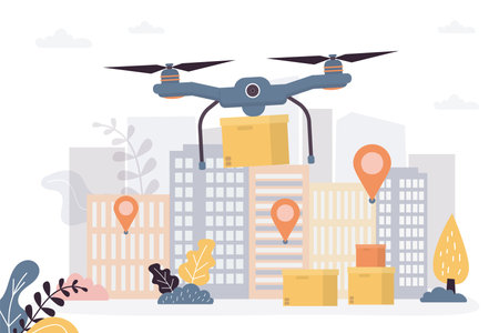 Drone delivers boxes of goods. Fast delivery technology. City with navigation pointers. E-commerce, contactless transfer of purchases. Delivery service, shipment, cargo. Copter fly with parcel. vectorのイラスト素材