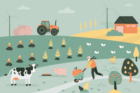 Rural view. Elderly farmer pull garden cart with crop. Farm animals, poultry products, organic food. Countryside landscape, farm. Ecological agricultural food. Farmland, ranch. vector illustrationのイラスト素材