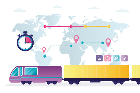 Railway cargo on world map, industrial train with containers freight, import and export railroad logistic service. Commercial transportation concept, freight train. Fast shipping worldwide. vectorのイラスト素材