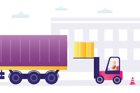 Forklift loading boxes into container. Semi truck ready to go. Worker man operates loader. Delivery of goods to stores or consumers. Industrial design with transport. Shipment, logistic. Flat vectorのイラスト素材