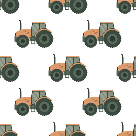 Seamless pattern with farm tractor. Texture, decoration, tractor pattern repeat isolated on white background. Flat vector illustrationのイラスト素材