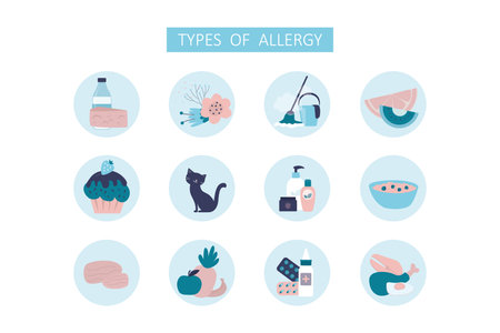 Icons set, different types of allergens, design isolated on white background. Allergic reaction to various products - food, pollen, animal hair, household chemicals. Flat vector illustrationのイラスト素材