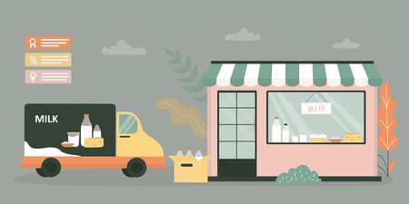 Truck full of dairy products delivers goods to store. Logistics, transportation of fresh food to local market. Eco-friendly, organic food from dairy plant or farm. Delivery lorry near shop building.のイラスト素材