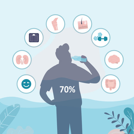 Silhouette of man drink water, benefits of drinking pure water regularly, infographic. Time break, relax process. Pictograms of healthy body parts. Clean water, purifying liquid. vector illustrationのイラスト素材