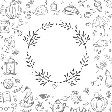 Hello fall. Hand-drawn poster with frame and place for text. Design in doodle scandinavian style with leaves, pumpkins and animals. Autumn harvest, leaffall. Funny nature banner. vector illustrationのイラスト素材