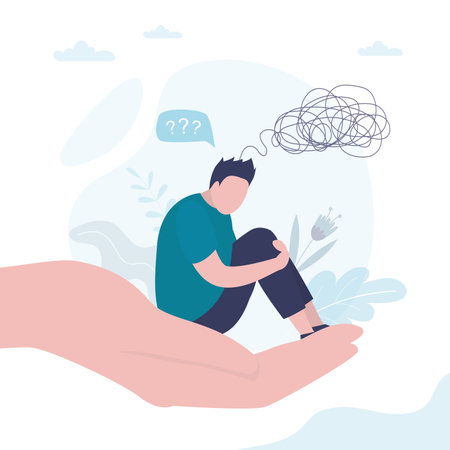 Unhappy man has messy chaos in head. Mental problems, negative emotions. Big hand holds an upset guy, psychological help. Support of psychotherapist, medical help. Healthy lifestyle. Flat vectorのイラスト素材