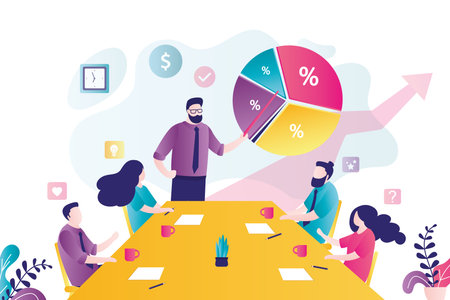 Focus group concept. Marketing research of target audience scene template. Company colleagues meeting for discussion, brainstorming. Businesspeople characters, business activities. Flat design vectorのイラスト素材