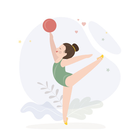 Little girl gymnast in sportswear with a ball. Rhythmic gymnastics classes, caucasian little child with sports equipment. Sports section, lesson. Flat vector illustrationのイラスト素材